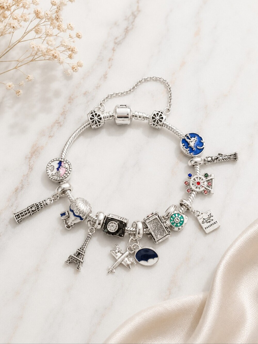 Around The World Travel Charm Bracelet Airplane Passport Eiffel Tower Wanderlust